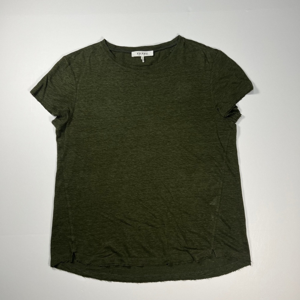Frame Easy True Organic Linen T-Shirt Women Size Small Olive Green Unhemmed